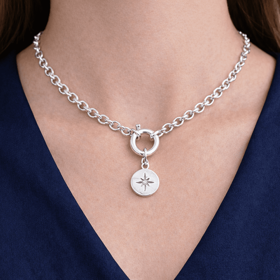 Collier femme argent 925 SHUT UP & GUIDE ME – chaîne jaseron 5,5 mm, fermoir bouée et médaille étoile polaire – bijoux fait main en argent 925 | Pitch & Néo