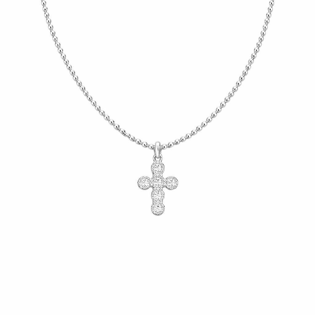 Collier femme argent 925 – SIN CITY, chaîne boules facettées scintillantes & pendentif croix zircons – bijoux fait main en argent 925 | Pitch & Néo