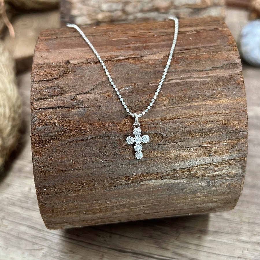 Collier femme argent 925 – SIN CITY, chaîne boules facettées scintillantes & pendentif croix zircons – bijoux fait main en argent 925 | Pitch & Néo