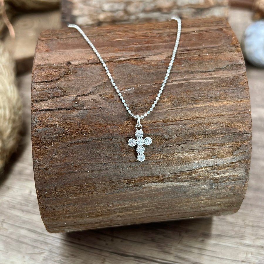 Collier femme argent 925 – SIN CITY, chaîne boules facettées scintillantes & pendentif croix zircons – bijoux fait main en argent 925 | Pitch & Néo