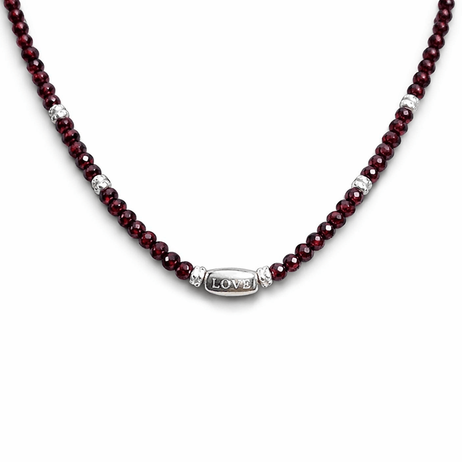 Collier femme BITE THE LOVE – perles de grenat facettées, capsule gravée LOVE en argent 925, perles diamantées – bijoux fait main en argent 925 | Pitch & Néo