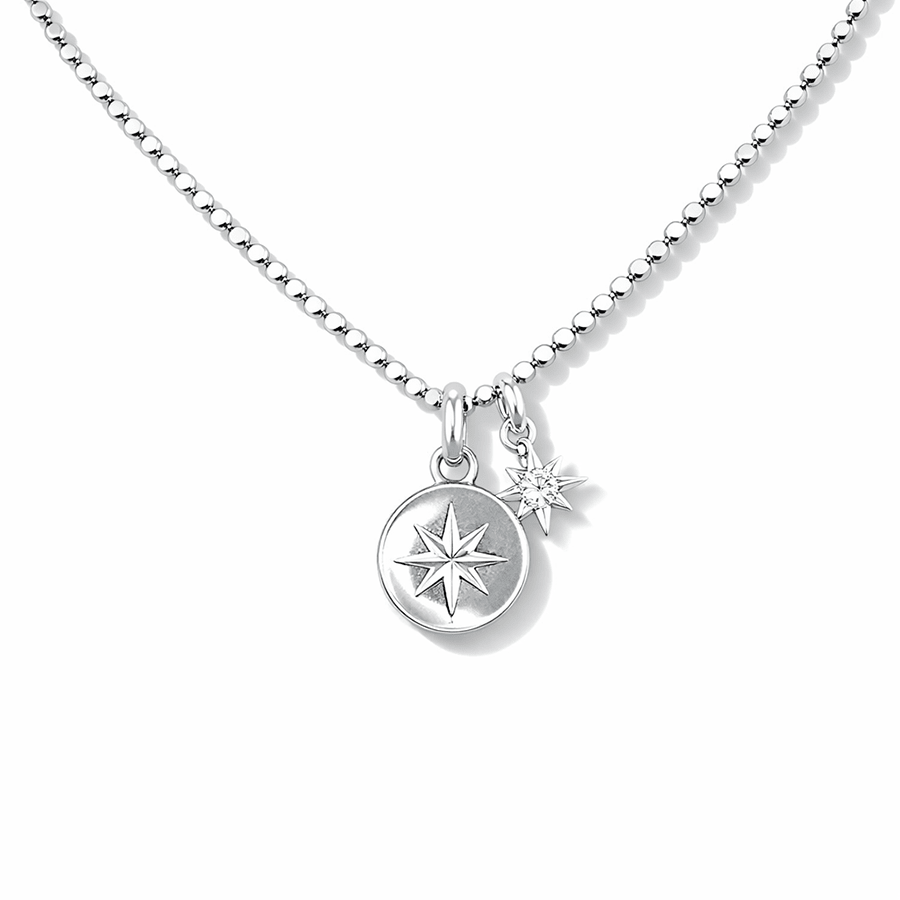 Collier femme BLOW MY NORTH – chaîne boules facettées scintillantes & médailles gravées étoile polaire serties de zircons et argent 925 – bijoux fait main en argent 925 | Pitch & Néo