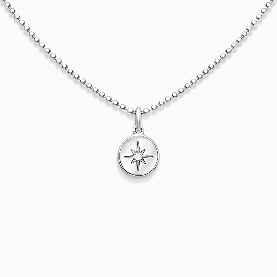 Collier femme BURN MY GALAXY – chaîne boules facettées scintillantes & pendentif médaille étoile du Nord en argent 925 – bijoux fait main en argent 925 | Pitch & Néo