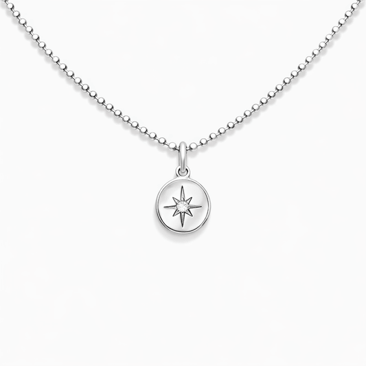 Collier femme BURN MY GALAXY – chaîne boules facettées scintillantes & pendentif médaille étoile du Nord en argent 925 – bijoux fait main en argent 925 | Pitch & Néo
