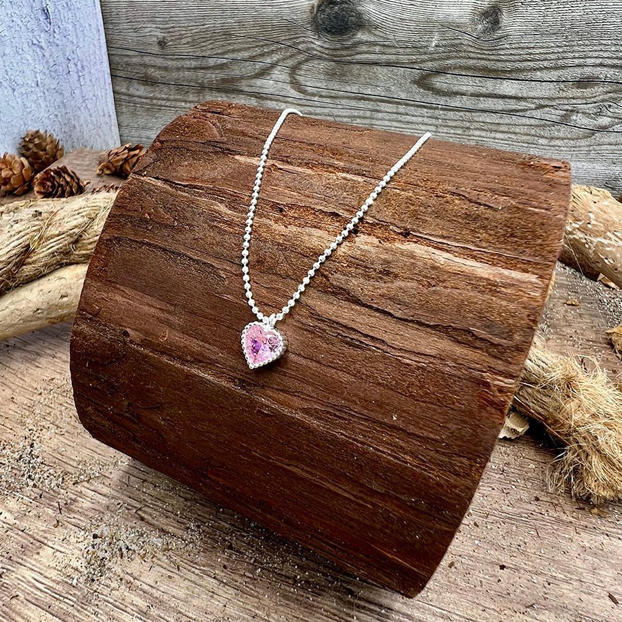 Collier femme COTTON CANDY CRUSHED ME – chaîne boules facettées scintillantes, pendentif cœur zircon rose et serti milgrain en argent 925 – bijoux fait main en argent 925 | Pitch & Néo