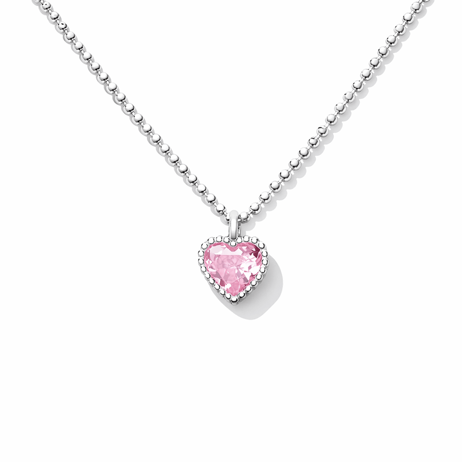 Collier femme COTTON CANDY CRUSHED ME – chaîne boules facettées scintillantes, pendentif cœur zircon rose et serti milgrain en argent 925 – bijoux fait main en argent 925 | Pitch & Néo