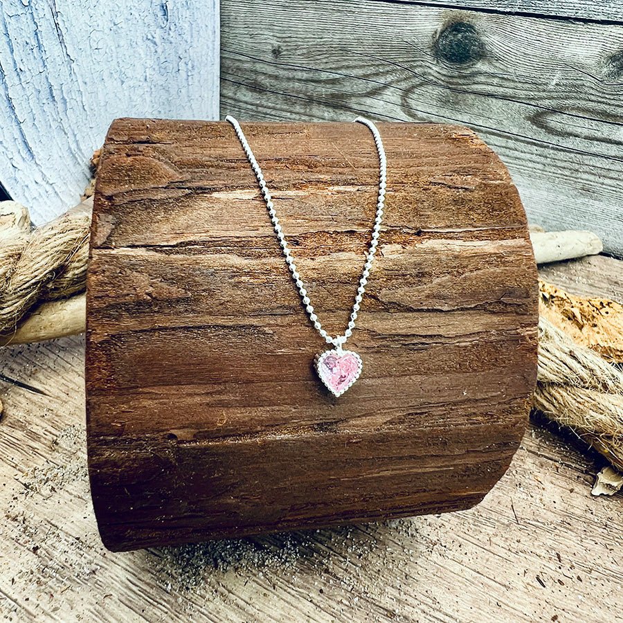 Collier femme COTTON CANDY CRUSHED ME – chaîne boules facettées scintillantes, pendentif cœur zircon rose et serti milgrain en argent 925 – bijoux fait main en argent 925 | Pitch & Néo