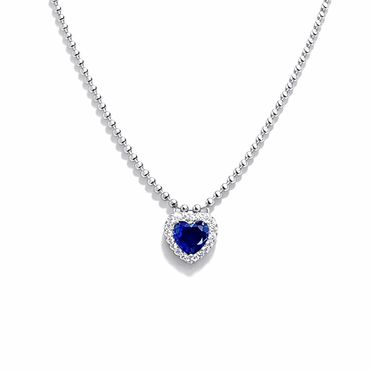Collier femme DON’T PLAY WITH MY HEART, SUGAR – chaîne boules facettées scintillantes, pendentif cœur zircon bleu halo zircon diamant et argent 925 – bijoux fait main en argent 925 | Pitch & Néo