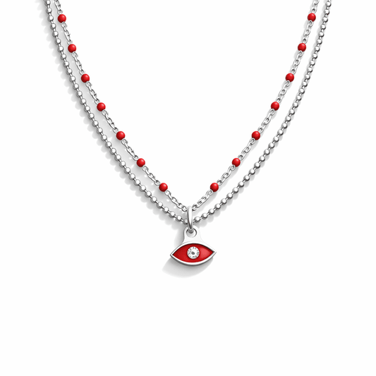 Collier femme double - rang ALL EYEZ ON ME – chaîne perles émaillées rouge & pendentif œil émaillé rouge zircon en argent 925 – bijoux fait main en argent 925 | Pitch & Néo