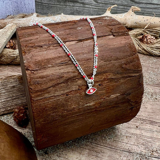 Collier femme double - rang ALL EYEZ ON ME – chaîne perles émaillées rouge & pendentif œil émaillé rouge zircon en argent 925 – bijoux fait main en argent 925 | Pitch & Néo