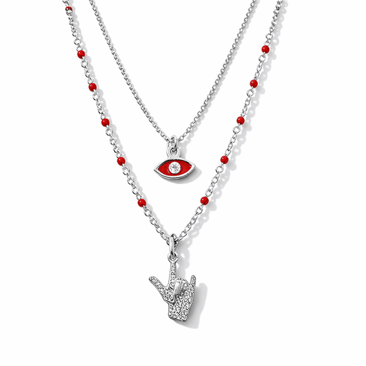 Collier femme double - rang BAD LUCK? BLOCKED. – chaîne perles émaillées rouges & maille boules facettées scintillantes, pendentifs œil rouge émaillé et main corna zircons en argent 925 – bijoux fait main en argent 925 | Pitch & Néo