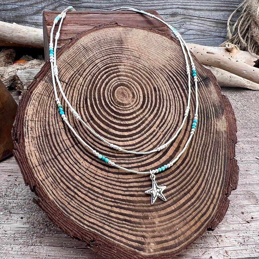 Collier femme double rang BEACH, DON'T CARE – perles liquid silver, perles de turquoise véritable, pendentif étoile de mer argent 925 – bijoux fait main en argent 925 | Pitch & Néo