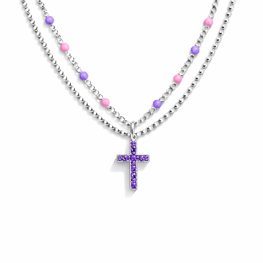 Collier femme double rang BITE ME, BLESS ME – chaîne perles émaillées pastel et pendentif croix zircon violets en argent 925 – bijoux fait main en argent 925 | Pitch & Néo