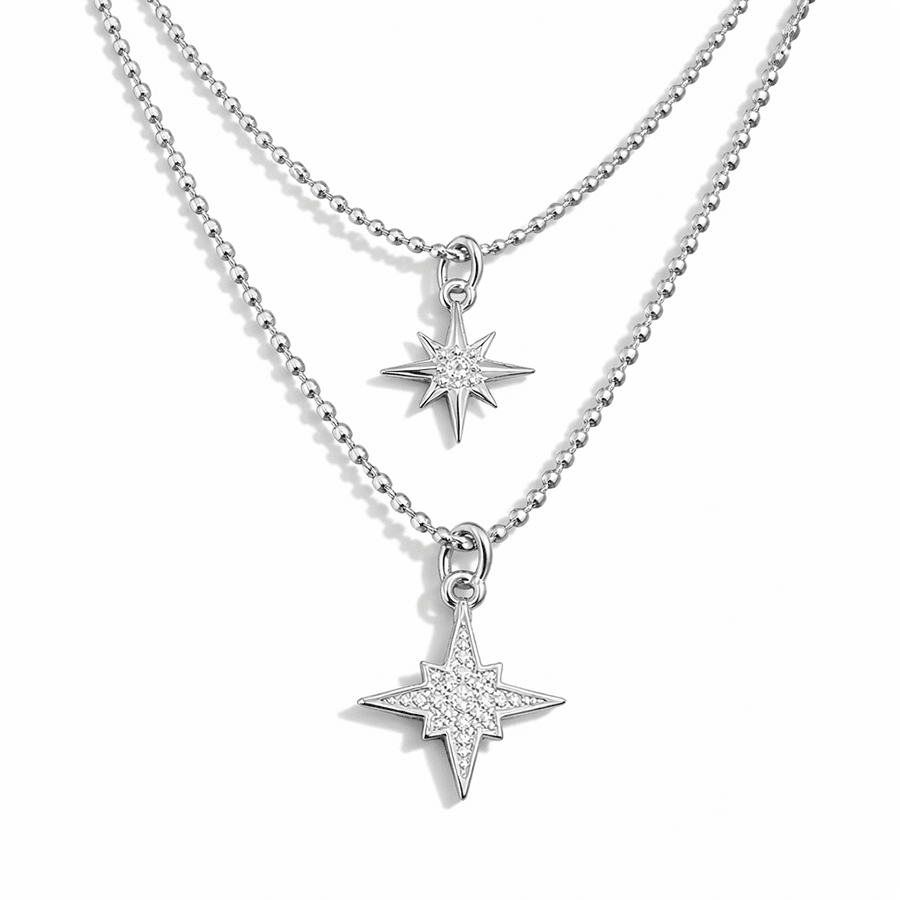 Collier femme double - rang BORN TO SHINE DARLING – chaînes boules facettées scintillantes & pendentifs étoiles polaires zircons façon diamant en argent 925 – bijoux fait main en argent 925 | Pitch & Néo