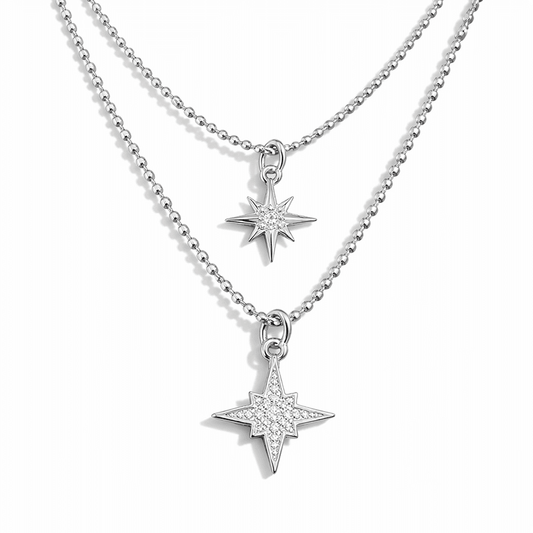 Collier femme double - rang BORN TO SHINE DARLING – chaînes boules facettées scintillantes & pendentifs étoiles polaires zircons façon diamant en argent 925 – bijoux fait main en argent 925 | Pitch & Néo