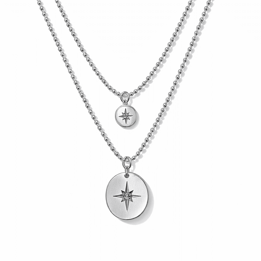 Collier femme double - rang DOUBLE SHINE – chaînes boules facettées scintillantes fine & épaisse & pendentifs médailles miroir zircons étoile du Nord en argent 925 – bijoux fait main en argent 925 | Pitch & Néo