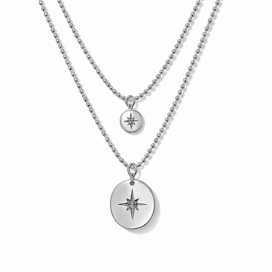 Collier femme double - rang DOUBLE SHINE – chaînes boules facettées scintillantes fine & épaisse & pendentifs médailles miroir zircons étoile du Nord en argent 925 – bijoux fait main en argent 925 | Pitch & Néo