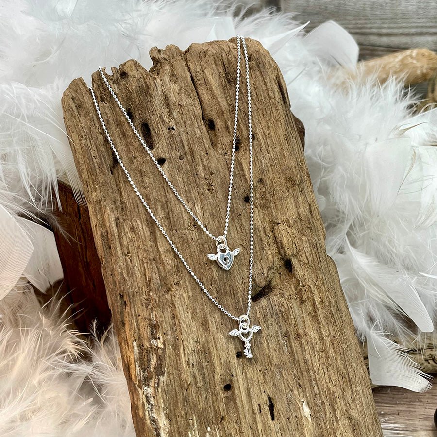 Collier femme double - rang DOUBLE TROUBLE LOVE – maille boules facettées scintillantes & duo pendentifs cadenas cœur et clé ailée en argent 925 – bijoux fait main en argent 925 | Pitch & Néo