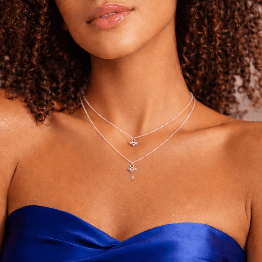 Collier femme double - rang DOUBLE TROUBLE LOVE – maille boules facettées scintillantes & duo pendentifs cadenas cœur et clé ailée en argent 925 – bijoux fait main en argent 925 | Pitch & Néo