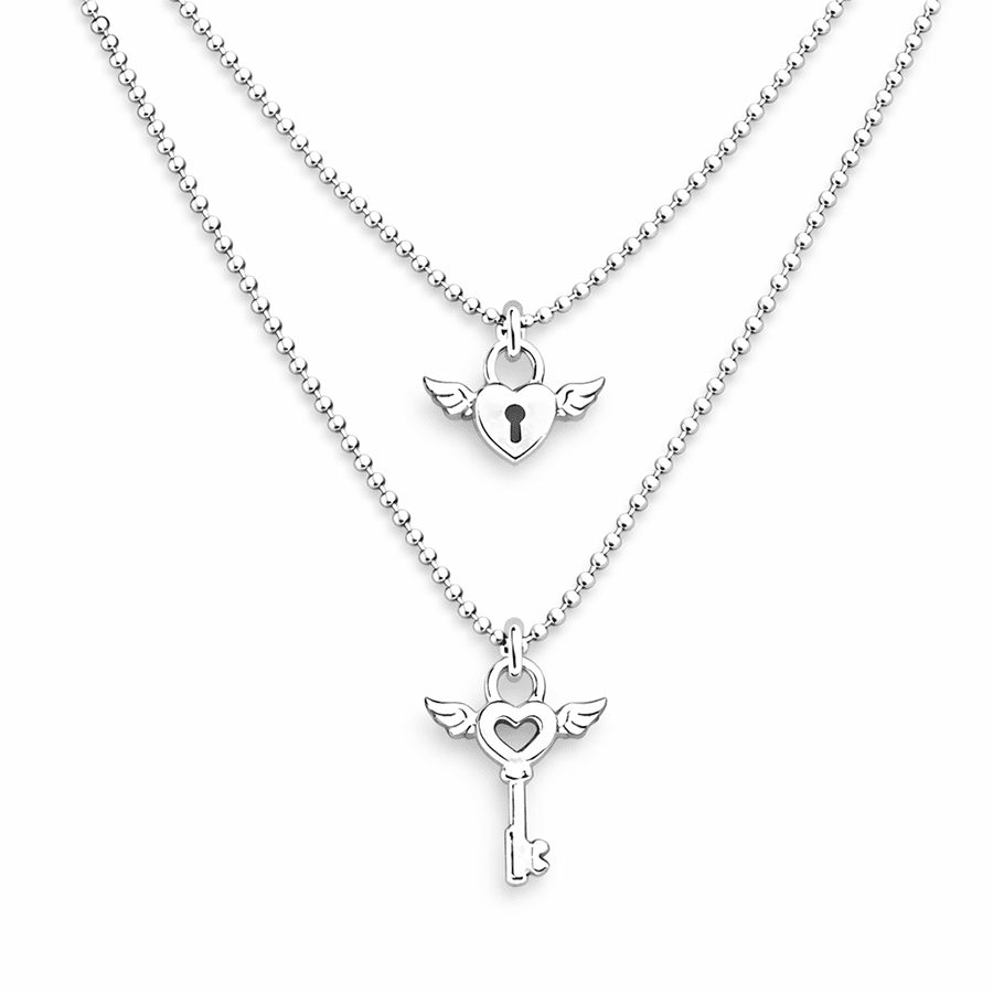 Collier femme double - rang DOUBLE TROUBLE LOVE – maille boules facettées scintillantes & duo pendentifs cadenas cœur et clé ailée en argent 925 – bijoux fait main en argent 925 | Pitch & Néo