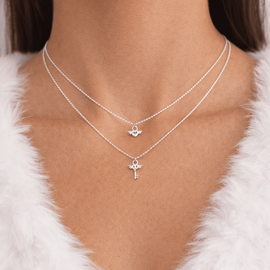 Collier femme double - rang DOUBLE TROUBLE LOVE – maille boules facettées scintillantes & duo pendentifs cadenas cœur et clé ailée en argent 925 – bijoux fait main en argent 925 | Pitch & Néo