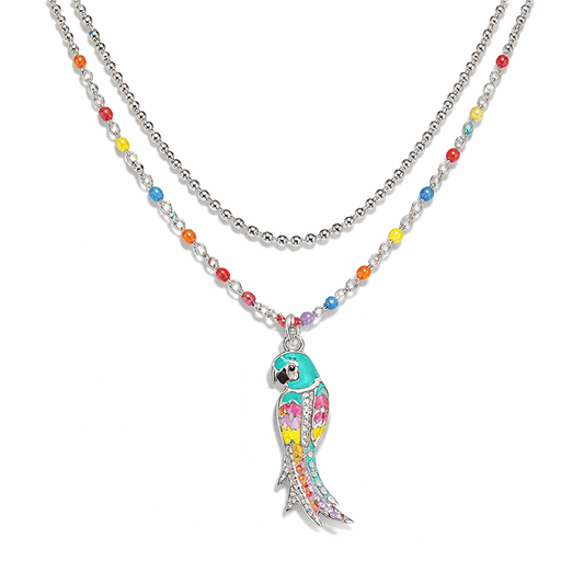 Collier femme double rang FLY ME TO IBIZA – chaîne perles émaillées fluo multicolores et pendentif perroquet émaillé argent 925 – bijoux fait main en argent 925 | Pitch & Néo