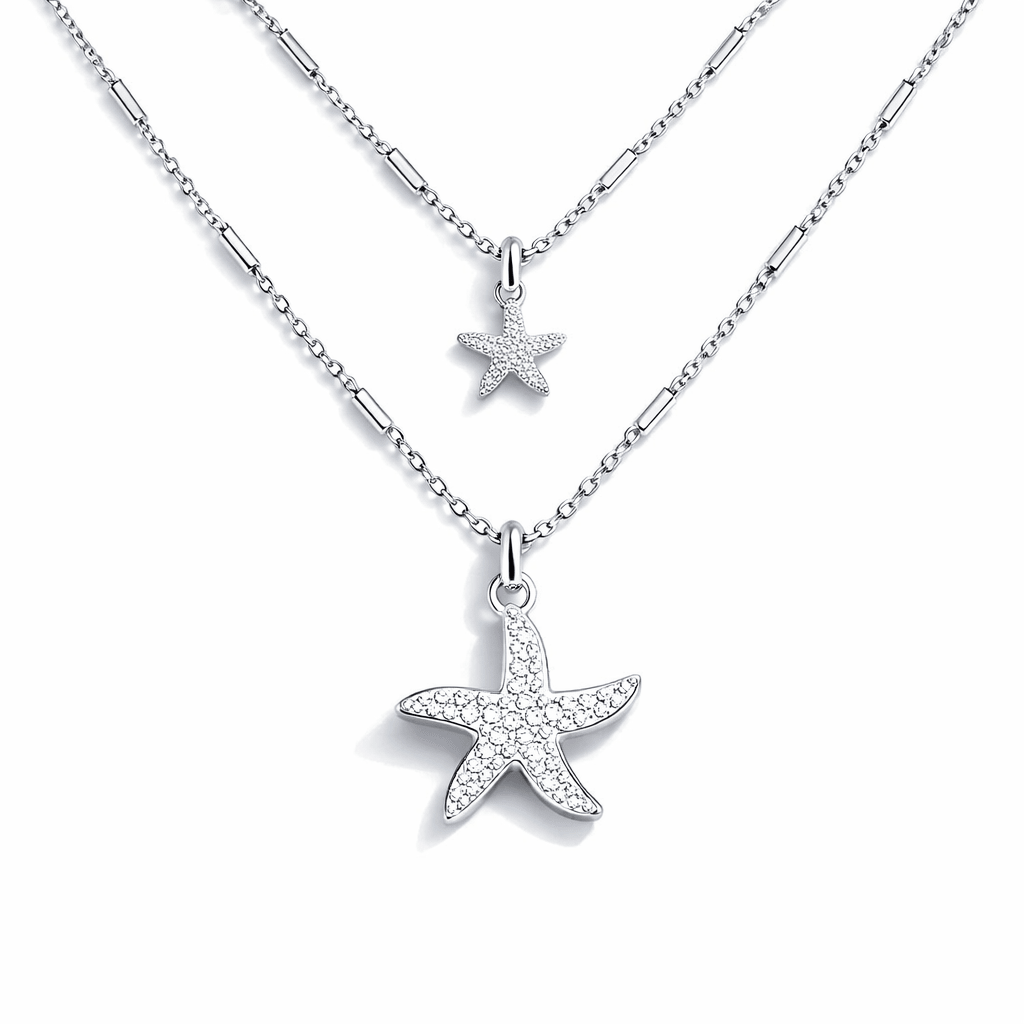 Collier femme double - rang GLITTER & SEA STARS ONLY – chaîne forçat tubes miroir et pendentifs étoiles de mer sertie et lisse en argent 925 – bijoux fait main en argent 925 | Pitch & Néo