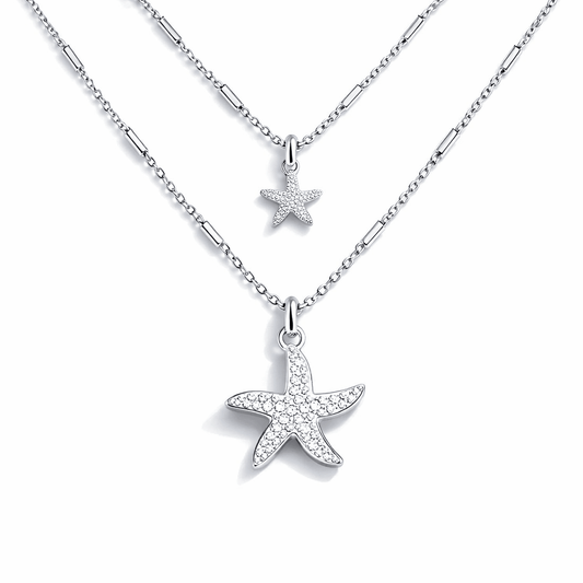 Collier femme double - rang GLITTER & SEA STARS ONLY – chaîne forçat tubes miroir et pendentifs étoiles de mer sertie et lisse en argent 925 – bijoux fait main en argent 925 | Pitch & Néo