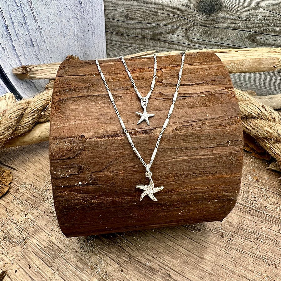 Collier femme double - rang GLITTER & SEA STARS ONLY – chaîne forçat tubes miroir et pendentifs étoiles de mer sertie et lisse en argent 925 – bijoux fait main en argent 925 | Pitch & Néo