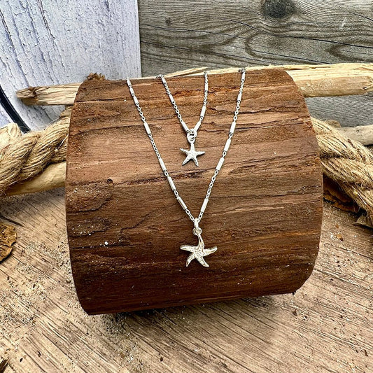 Collier femme double - rang GLITTER & SEA STARS ONLY – chaîne forçat tubes miroir et pendentifs étoiles de mer sertie et lisse en argent 925 – bijoux fait main en argent 925 | Pitch & Néo
