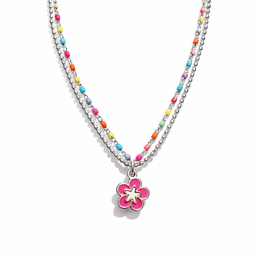 Collier femme double rang HIBISCUS & ALOHA – chaîne perles émaillées fluo multicolore, pendentif fleur hibiscus rose fluo et argent 925 – bijoux fait main en argent 925 | Pitch & Néo