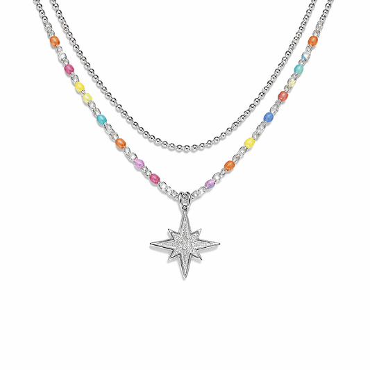 Collier femme double - rang I FOLLOW ME – chaîne perles émaillées fluo multicolore & pendentif étoile du Nord sertie zircon en argent 925 – bijoux fait main en argent 925 | Pitch & Néo