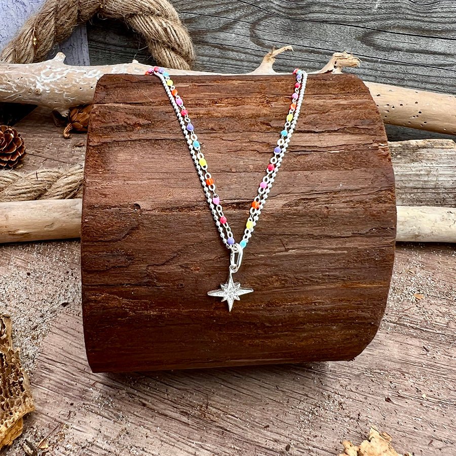 Collier femme double - rang I FOLLOW ME – chaîne perles émaillées fluo multicolore & pendentif étoile du Nord sertie zircon en argent 925 – bijoux fait main en argent 925 | Pitch & Néo