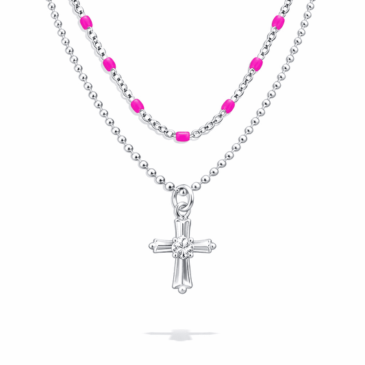 Collier femme double rang I LOST MY MIND IN MIAMI – chaîne perles émaillées rose fluo, pendentif croix zircons, argent 925 – bijoux fait main en argent 925 | Pitch & Néo