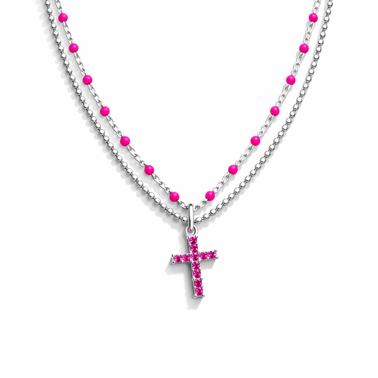 Collier femme double rang LIPSTICK & LUST – chaîne perles émaillées rose fluo et pendentif croix zircon fuchsia façon tourmaline en argent 925 – bijoux fait main en argent 925 | Pitch & Néo