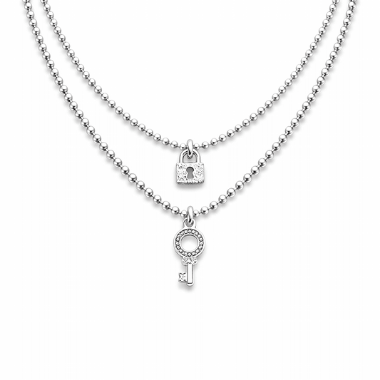 Collier femme double - rang LOCK ME IF YOU CAN – chaînes boules facettées scintillantes moyennes & pendentifs cadenas et clé pavés zircons façon diamant en argent 925 – bijoux fait main en argent 925 | Pitch & Néo