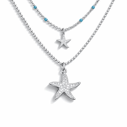 collier femme double rang MERMAID APPROVED & STARFISHED – chaîne perles émaillées turquoise, pendentifs étoile de mer miroir et pavée, argent 925 – bijoux fait main en argent 925 | Pitch & Néo
