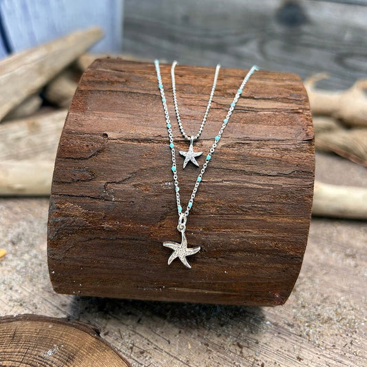 collier femme double rang MERMAID APPROVED & STARFISHED – chaîne perles émaillées turquoise, pendentifs étoile de mer miroir et pavée, argent 925 – bijoux fait main en argent 925 | Pitch & Néo