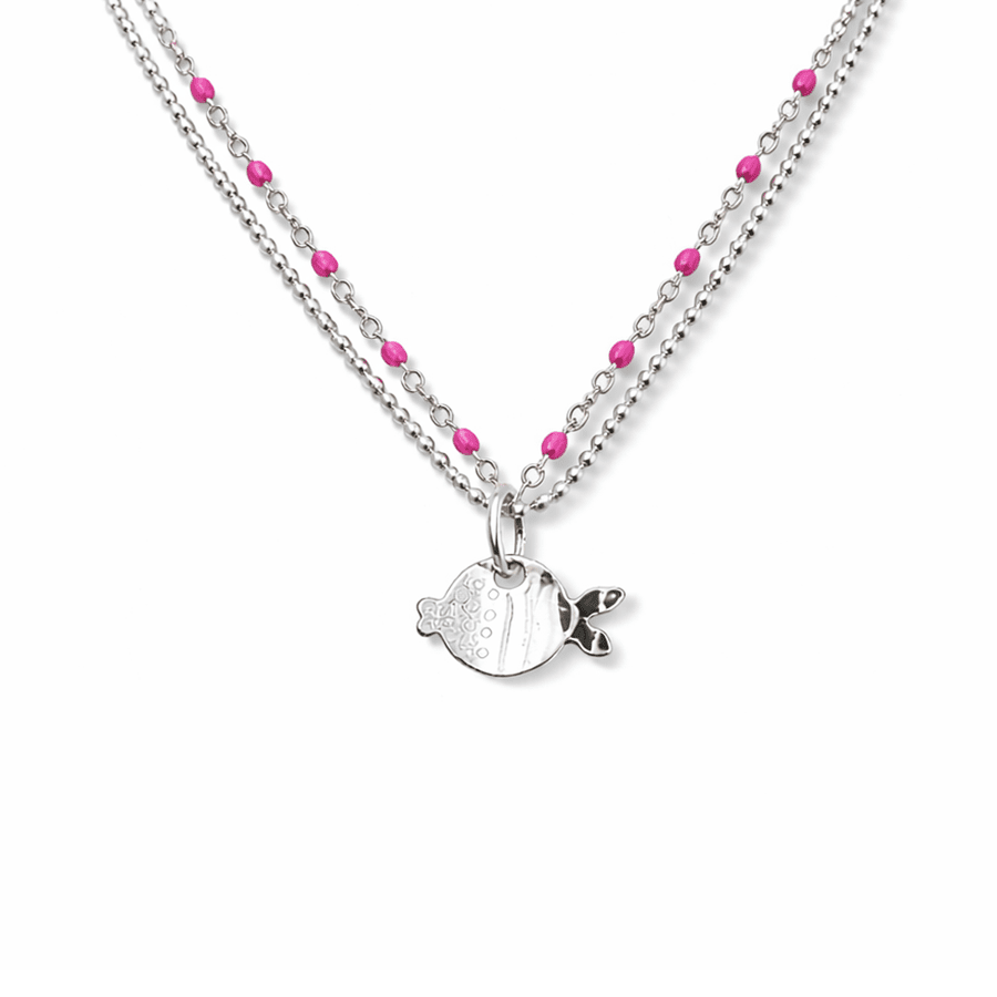 Collier femme double rang MERMAID’S SNACK – chaîne perles émaillées rose fluo et pendentif poisson argent 925 – bijoux fait main en argent 925 | Pitch & Néo