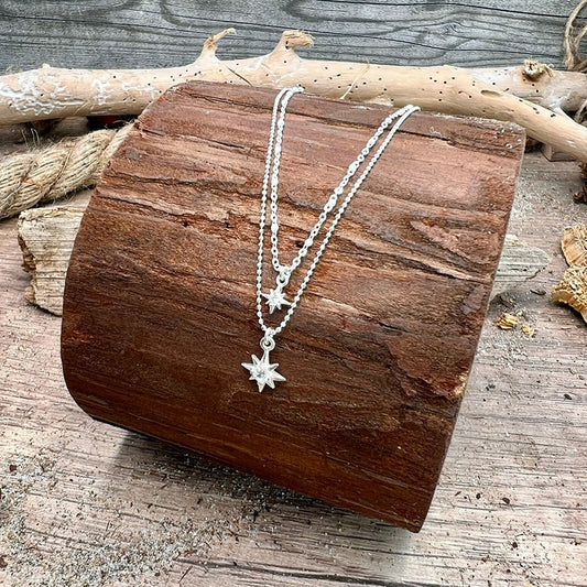 Collier femme double rang MILKY WITCH – chaîne perles émaillées blanches, pendentifs étoile du Nord zircon et argent 925 – bijoux fait main en argent 925 | Pitch & Néo