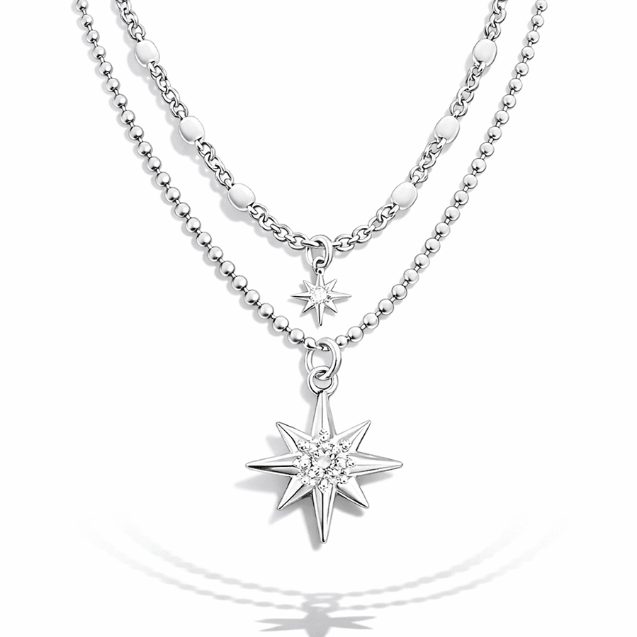 Collier femme double rang MILKY WITCH – chaîne perles émaillées blanches, pendentifs étoile du Nord zircon et argent 925 – bijoux fait main en argent 925 | Pitch & Néo