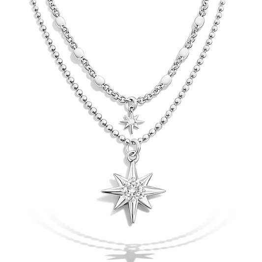 Collier femme double rang MILKY WITCH – chaîne perles émaillées blanches, pendentifs étoile du Nord zircon et argent 925 – bijoux fait main en argent 925 | Pitch & Néo