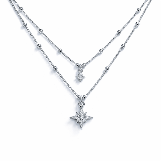Collier femme double - rang NORTH LOOKS GOOD ON YOU – chaînes gourmette perles & pendentifs étoiles polaires en argent 925 – bijoux fait main en argent 925 | Pitch & Néo