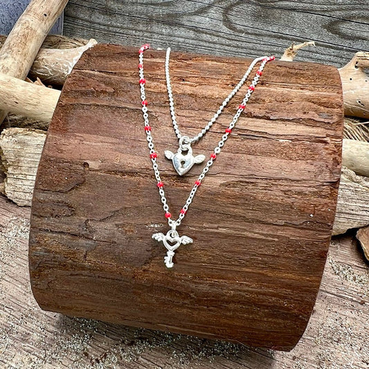 Collier femme double rang RED KISS, NO ENTRY – chaîne boules facettées scintillantes et chaîne perles émaillées rouge, pendentifs cœur cadenas ailé et clé ailée, argent 925 – bijoux fait main en argent 925 | Pitch & Néo