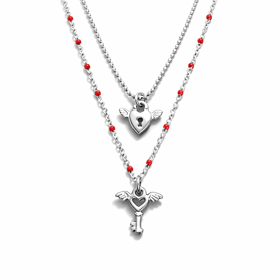 Collier femme double rang RED KISS, NO ENTRY – chaîne boules facettées scintillantes et chaîne perles émaillées rouge, pendentifs cœur cadenas ailé et clé ailée, argent 925 – bijoux fait main en argent 925 | Pitch & Néo