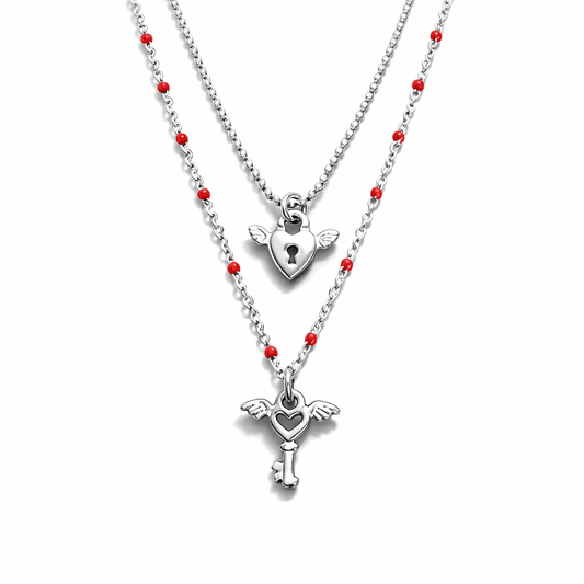 Collier femme double rang RED KISS, NO ENTRY – chaîne boules facettées scintillantes et chaîne perles émaillées rouge, pendentifs cœur cadenas ailé et clé ailée, argent 925 – bijoux fait main en argent 925 | Pitch & Néo
