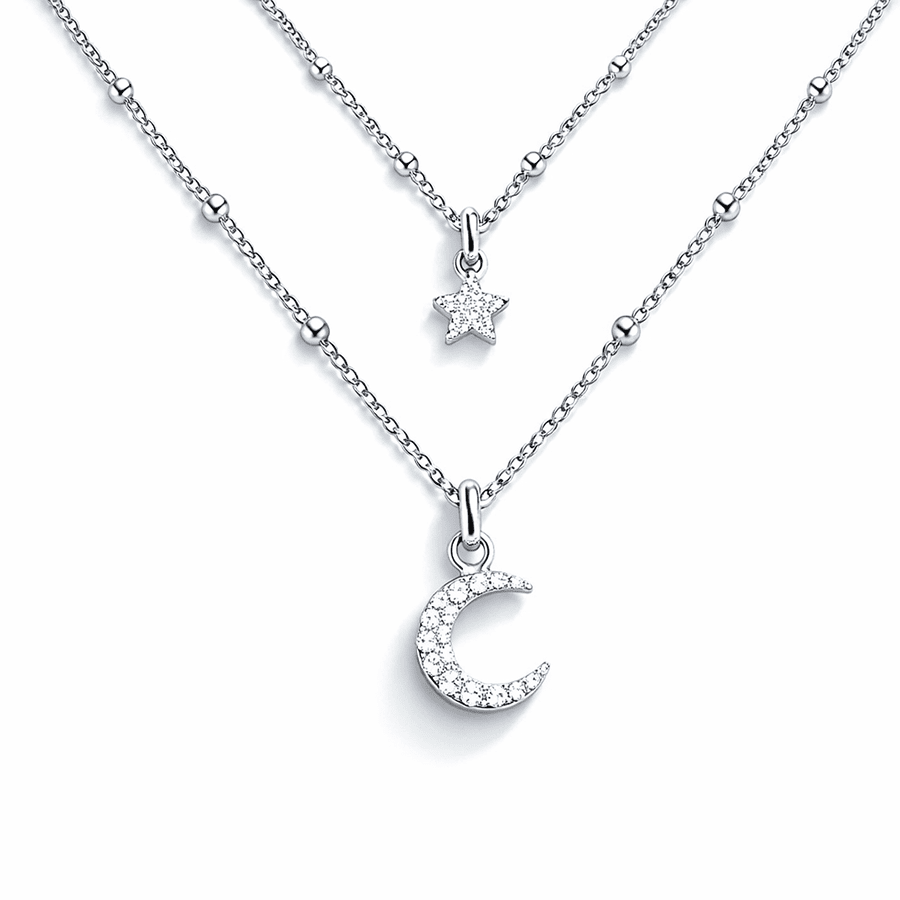 Collier femme double - rang SHINE LIKE A SIN – chaînes forçat perles alternées & pendentifs lune et étoile pavées zircons façon diamant en argent 925 – bijoux fait main en argent 925 | Pitch & Néo