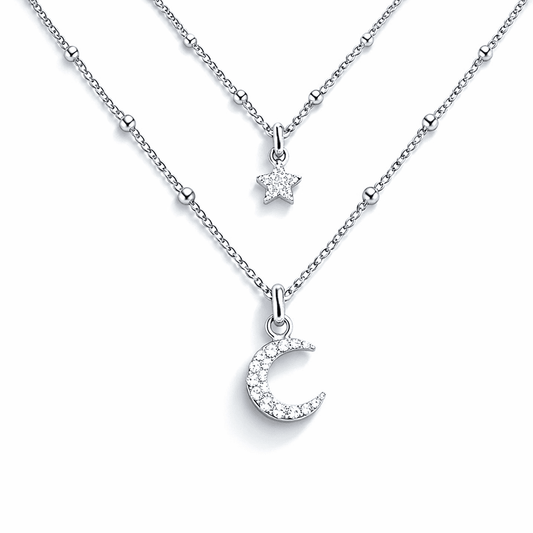 Collier femme double - rang SHINE LIKE A SIN – chaînes forçat perles alternées & pendentifs lune et étoile pavées zircons façon diamant en argent 925 – bijoux fait main en argent 925 | Pitch & Néo