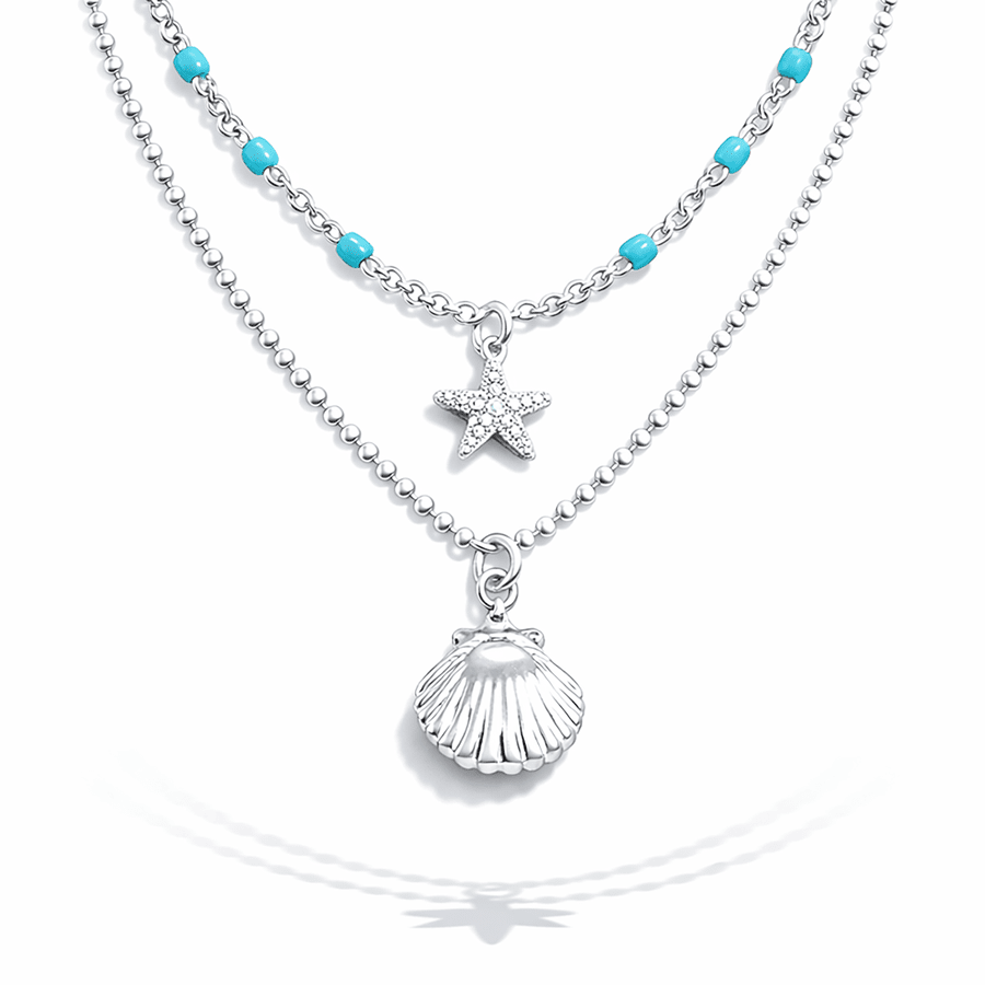 Collier femme double rang SON OF A BEACH – chaîne perles émaillées turquoise, chaîne boules facettées scintillantes et pendentif coquillage argent 925 – bijoux fait main en argent 925 | Pitch & Néo