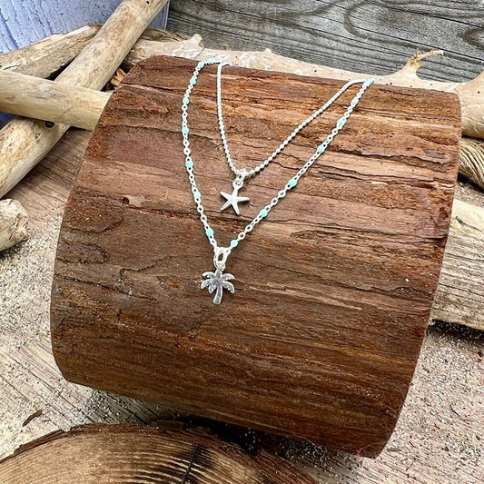 Collier femme double rang SPRITZ UNDER THE PALMS – chaîne perles émaillées turquoise, chaîne boules facettées scintillantes et pendentif palmier miroir argent 925 – bijoux fait main en argent 925 | Pitch & Néo